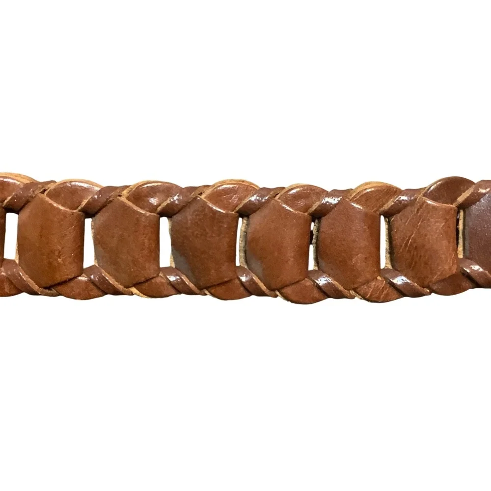 Vintage Brown Woven Braided Genuine Leather Belt Brass‎ Buckle Size L 38 Inch